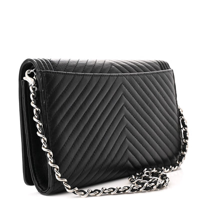 Chanel Calfskin Chevron Quilted Boy Wallet On Removable Chain WOC Black 3 of 12
