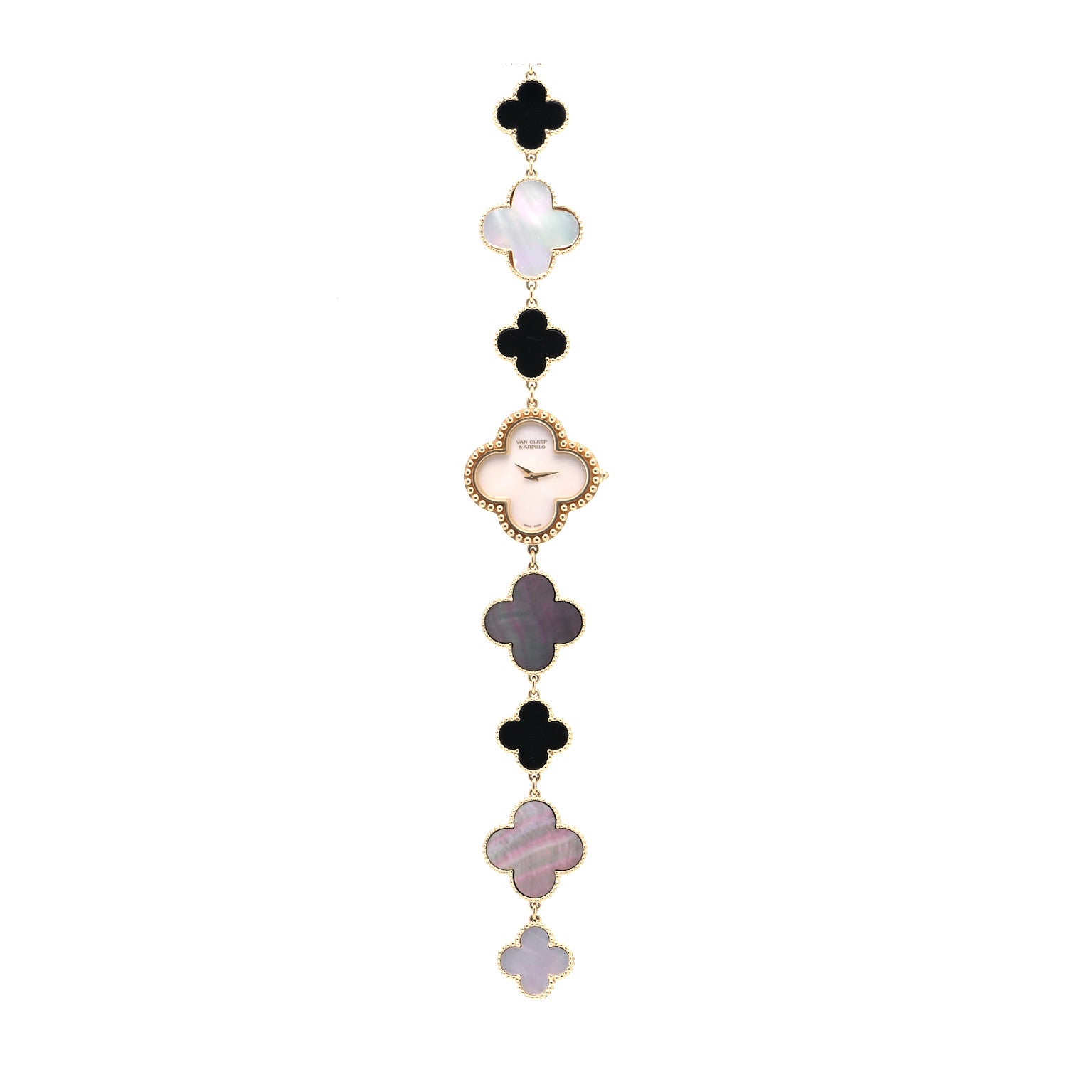 Van Cleef & Arpels 18K Yellow Gold Mother of Pearl Black Onyx 26mm Alhambra Quartz Watch 3 of 7