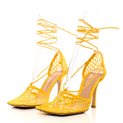 Bottega Veneta Mesh Nappa Stretch Ankle Tie Sandals 39.5 Egg Yolk 3 of 9