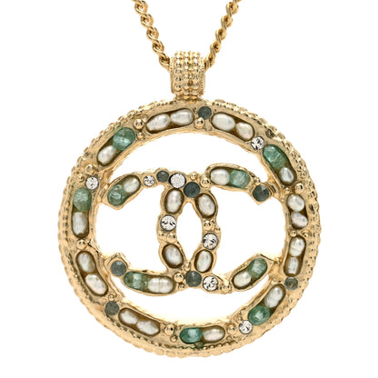 Chanel Metal Crystal Pearl Beaded CC Round Pendant Necklace Gold Green Pearly White 3 of 4