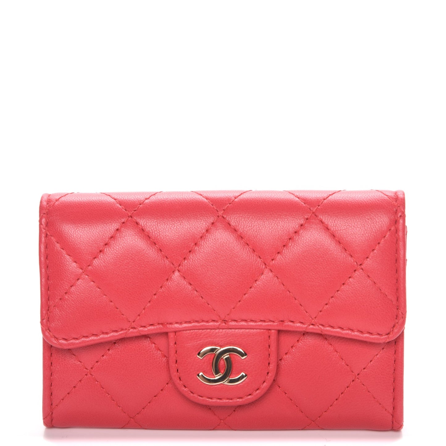 Lambskin Quilted Card Holder Light Red