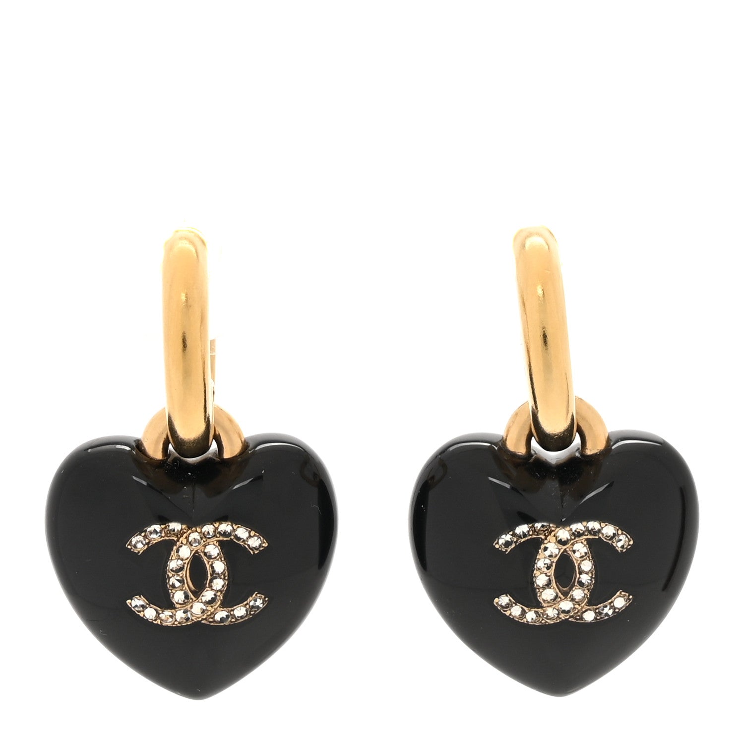 Chanel Resin Crystal CC Heart Drop Earrings Black Gold 1 of 5