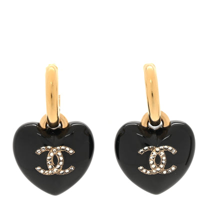 Chanel Resin Crystal CC Heart Drop Earrings Black Gold 1 of 5