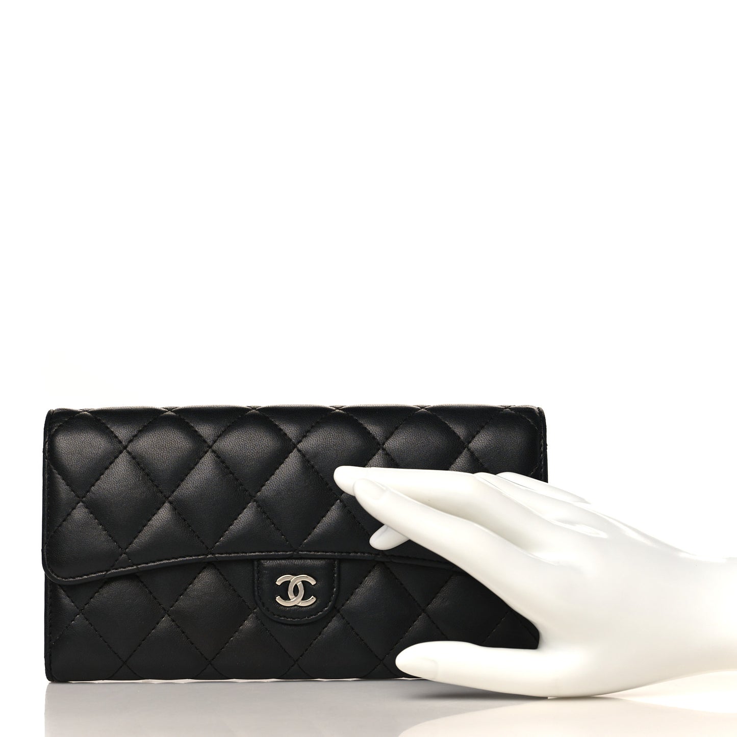 Lambskin Quilted Large Gusset Flap Wallet Black