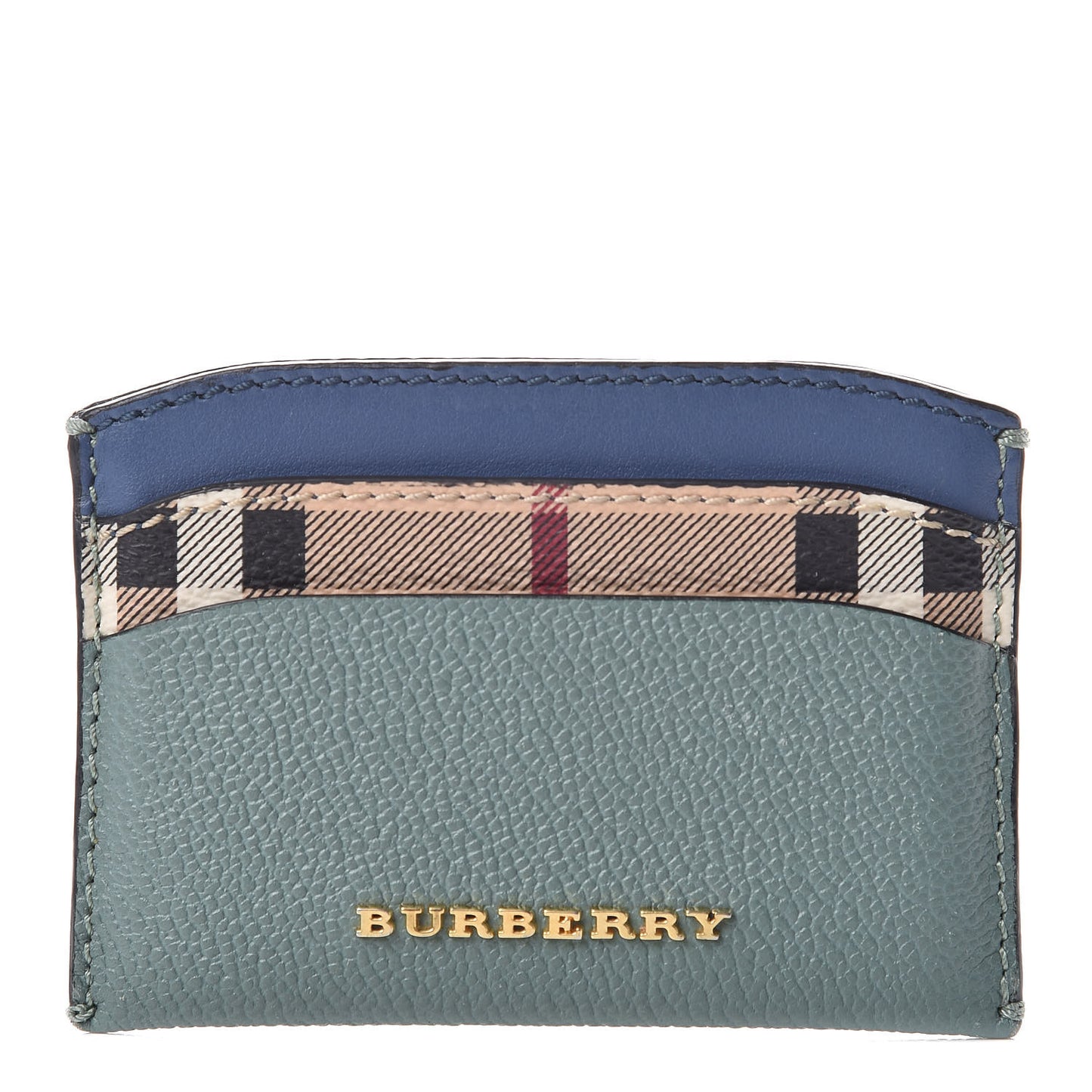 Soft Grain Calfskin Haymarket Check Izzy Card Case Celadon Blue