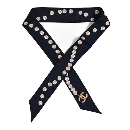 Chanel Silk Pearl CC Slim Bandeau Scarf Navy 1 of 4