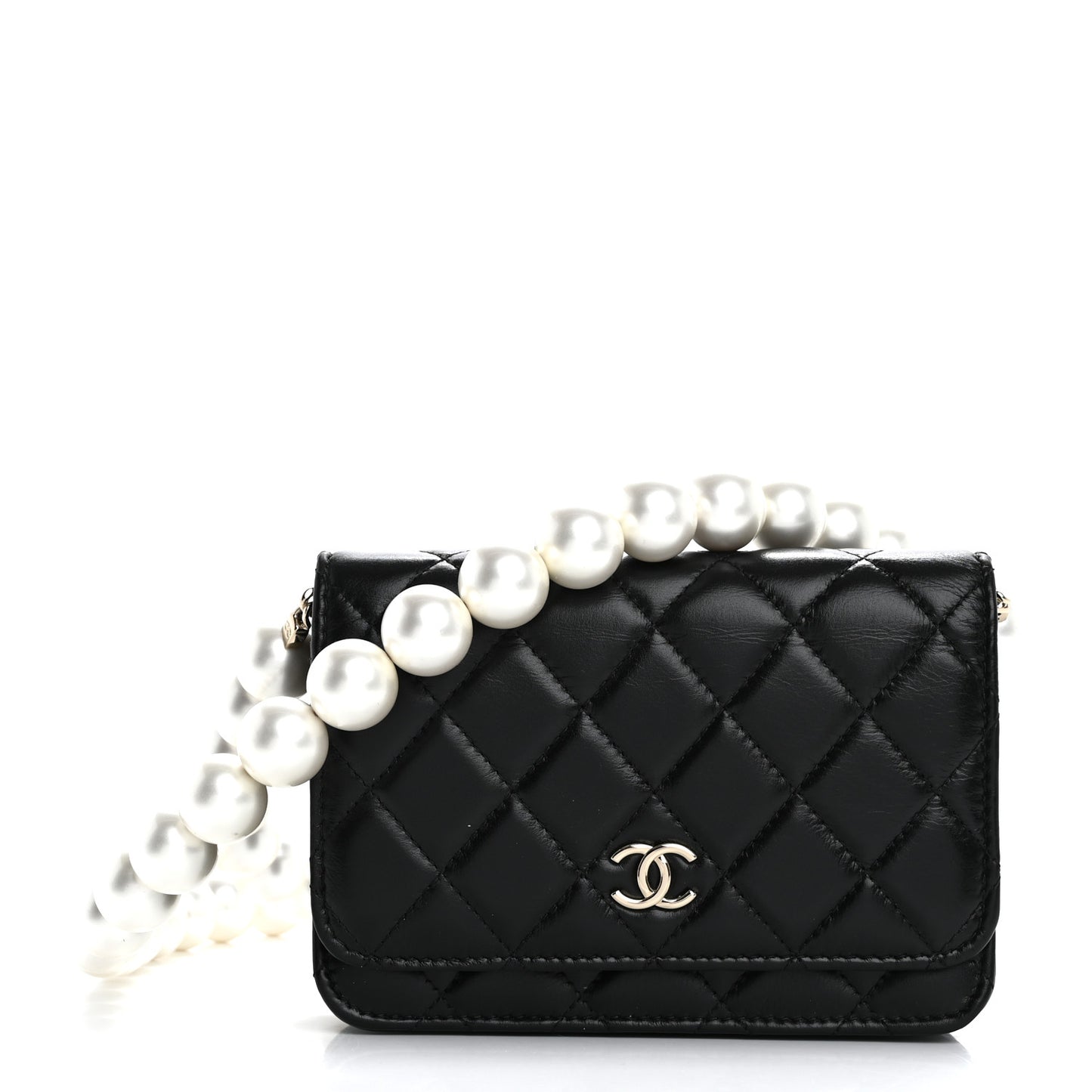 Calfskin Quilted Mini Maxi Pearls Wallet On Chain WOC Black