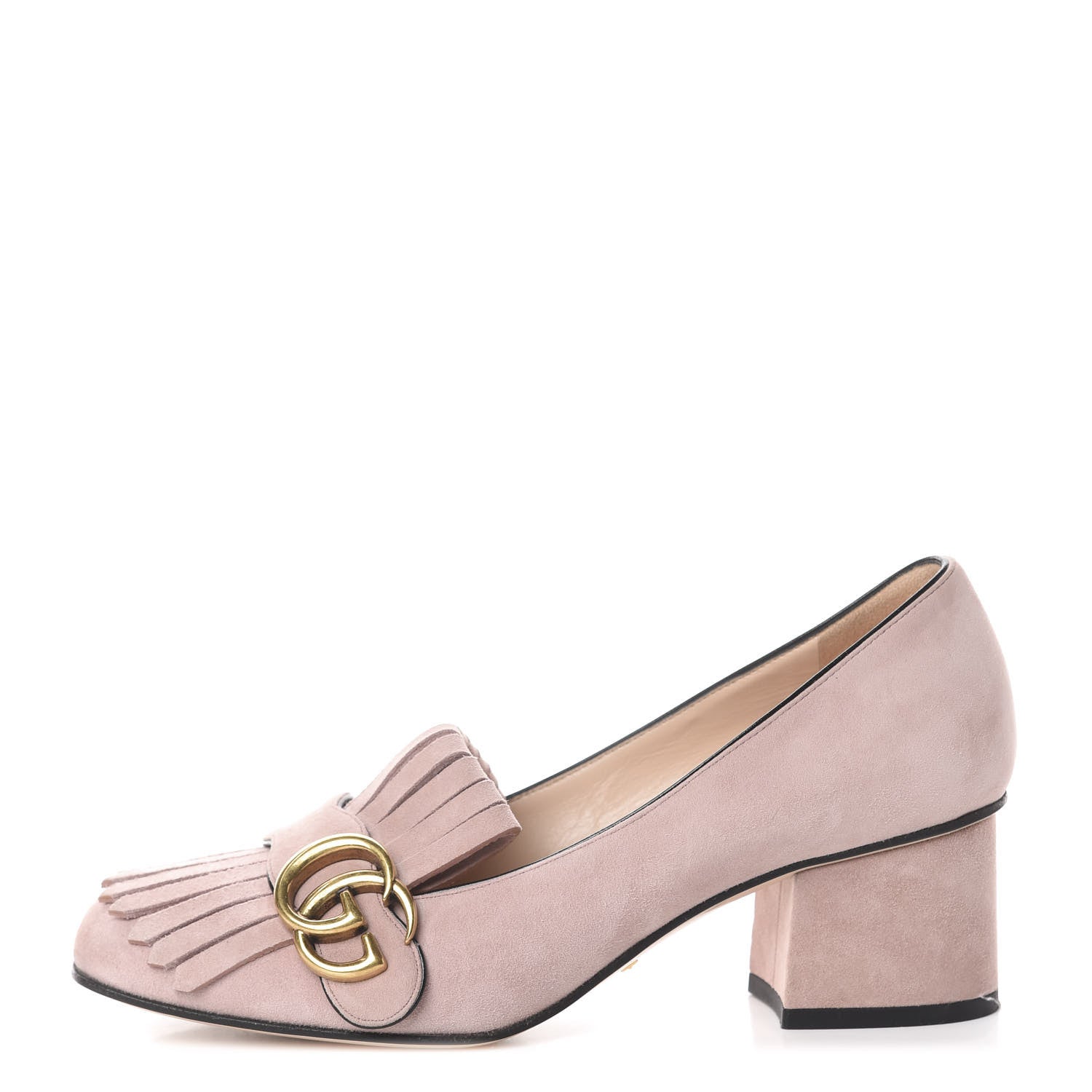 Gucci Kid Scamosciato GG Marmont Fringe 50mm Loafer Pumps 37 Crystal Pink 1 of 7