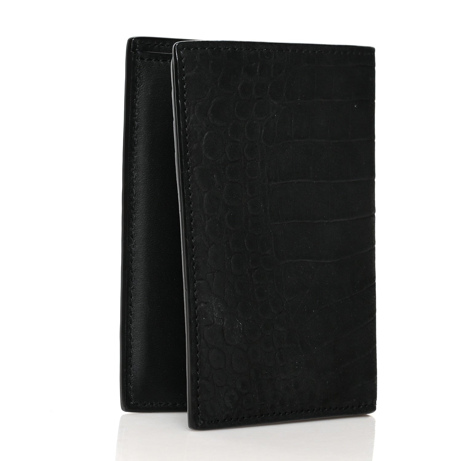 Saint Laurent Calfskin Crocodile Embossed Monogram Credit Card Wallet Black 3 of 8