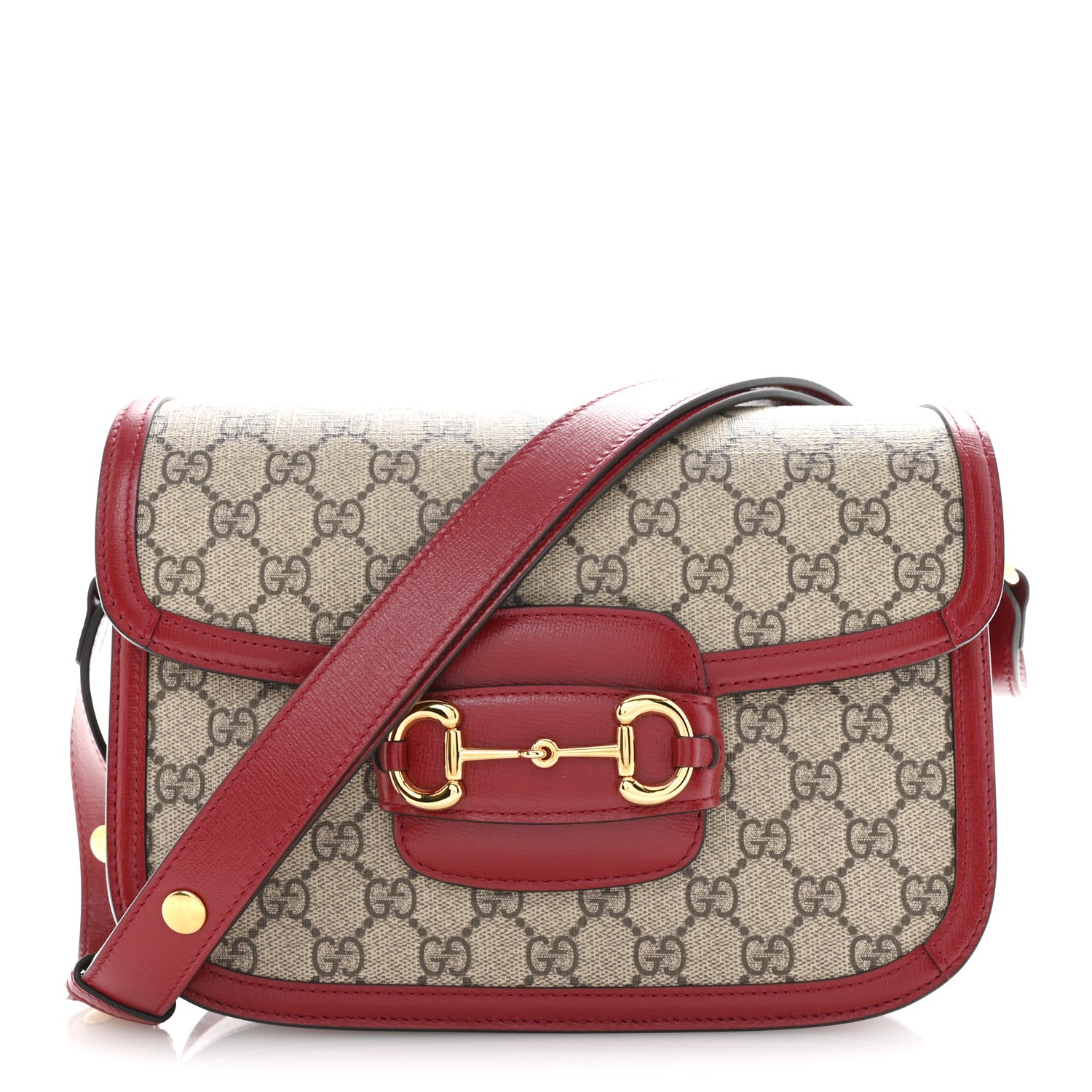 Gucci GG Supreme Monogram Azalea Calfskin Horsebit 1955 Shoulder Bag Beige Ebony New Cherry Red 1 of 10