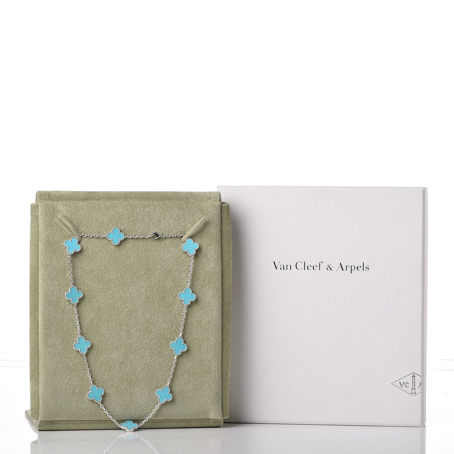 18K White Gold Turquoise 10 Motifs Vintage Alhambra Necklace
