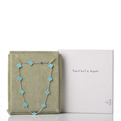 Van Cleef & Arpels 18K White Gold Turquoise 10 Motifs Vintage Alhambra Necklace 6 of 6