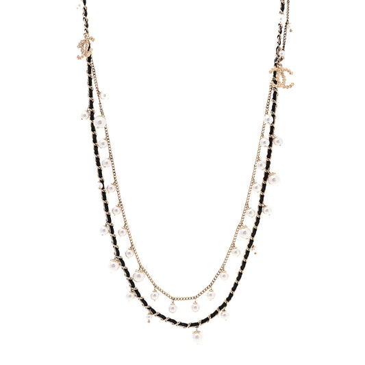 Lambskin Pearl CC Chain Multi Strand Necklace Black Gold