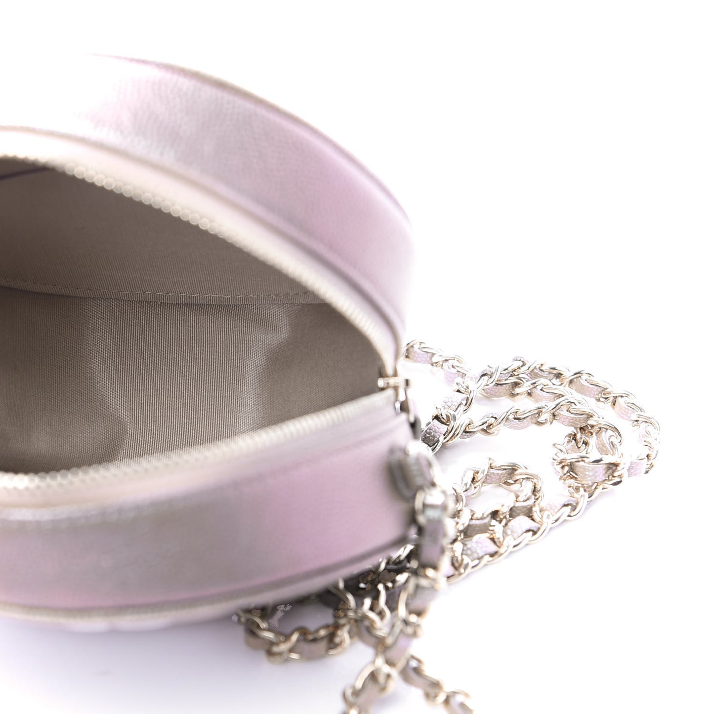Iridescent Caviar Quilted Round Clutch With Chain Beige