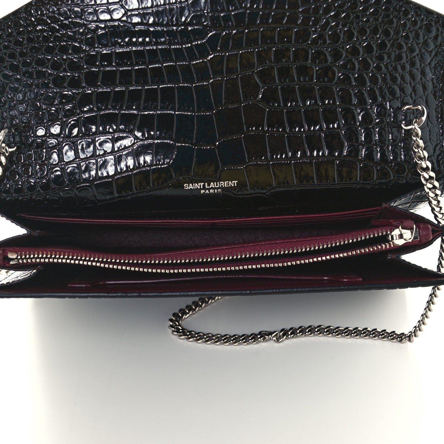 Patent Calfskin Crocodile Embossed Monogram Cassandra Chain Wallet Black