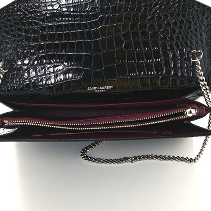 Saint Laurent Patent Calfskin Crocodile Embossed Monogram Cassandra Chain Wallet Black 5 of 11