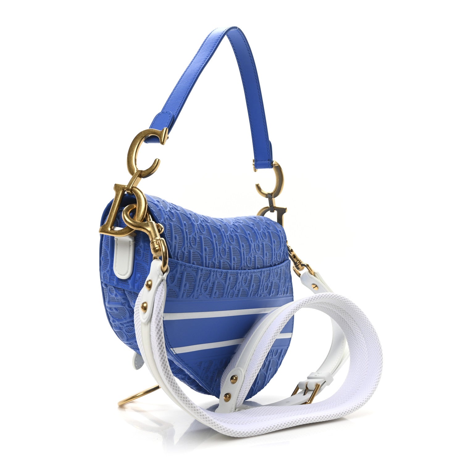Christian Dior Perforated Calfskin Embossed Oblique Saddle Bag Blue White 3 of 10