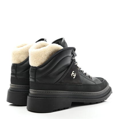 Chanel Lambskin Shearling Suede CC High Lace Up Boots 38 Black 4 of 10