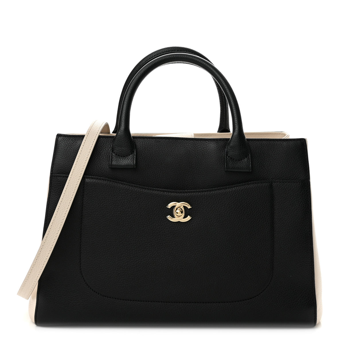 Chanel Grained Calfskin Small Bi-Color Neo Executive Shopper Tote Black Beige 1 of 7