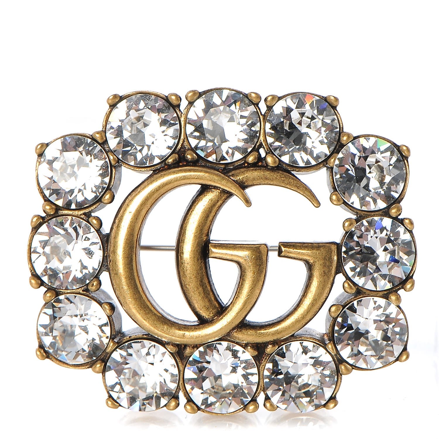 Gucci Metal Crystal Double G Brooch Aged Gold 1 of 5