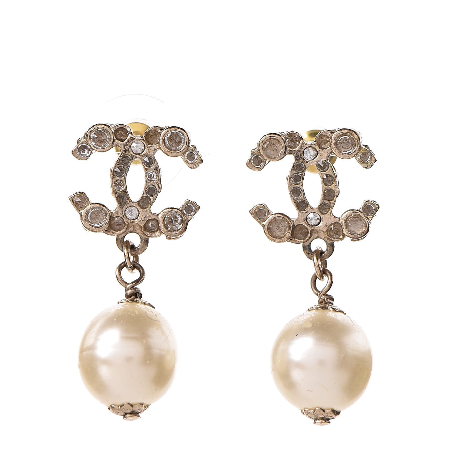 Crystal Pearl CC Drop Earrings Gold