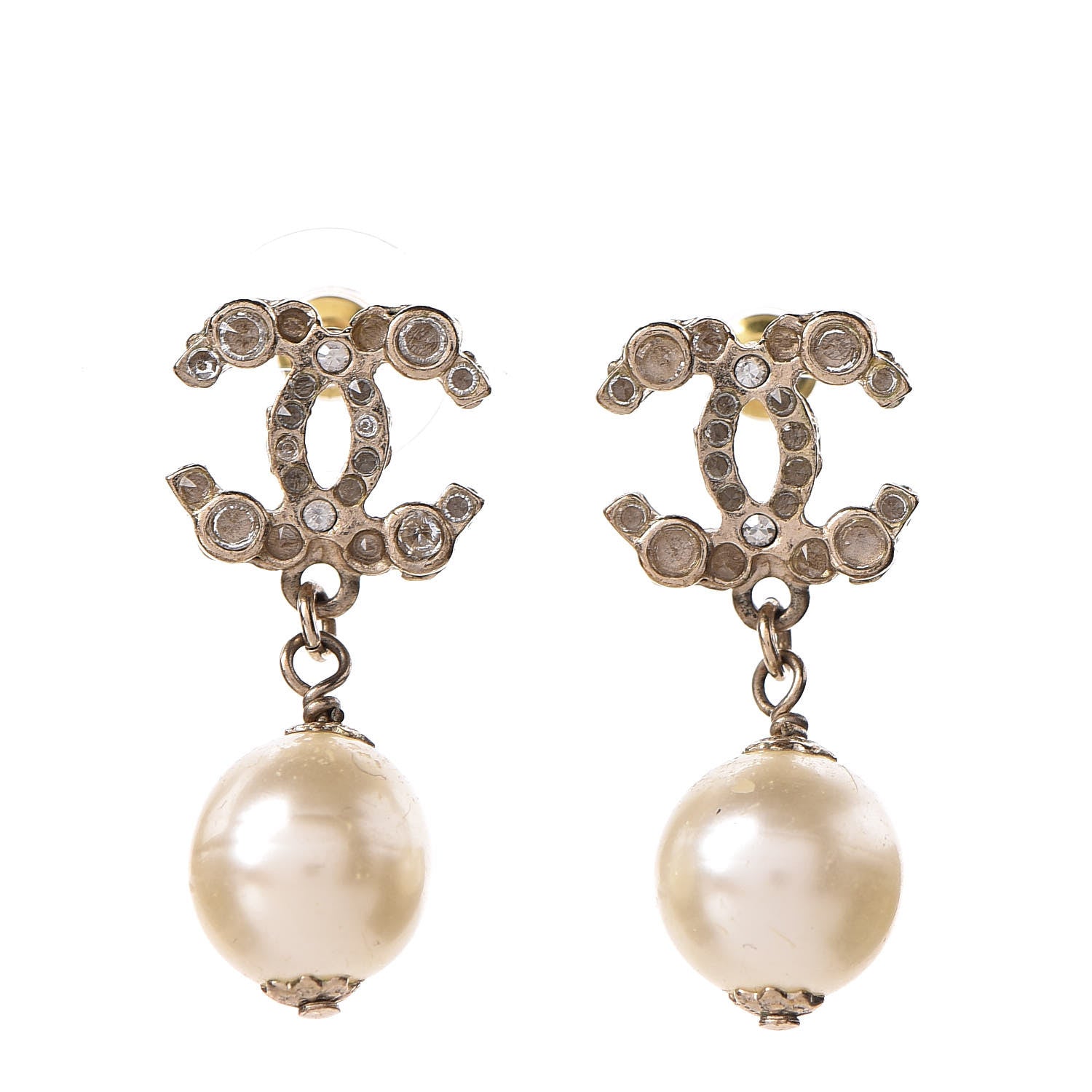 Chanel Crystal Pearl CC Drop Earrings Gold 1 of 6