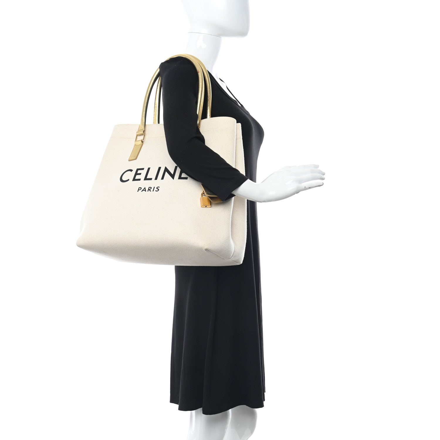 Celine Canvas Calfskin Logo Print Small Horizontal Cabas Gold 2 of 12