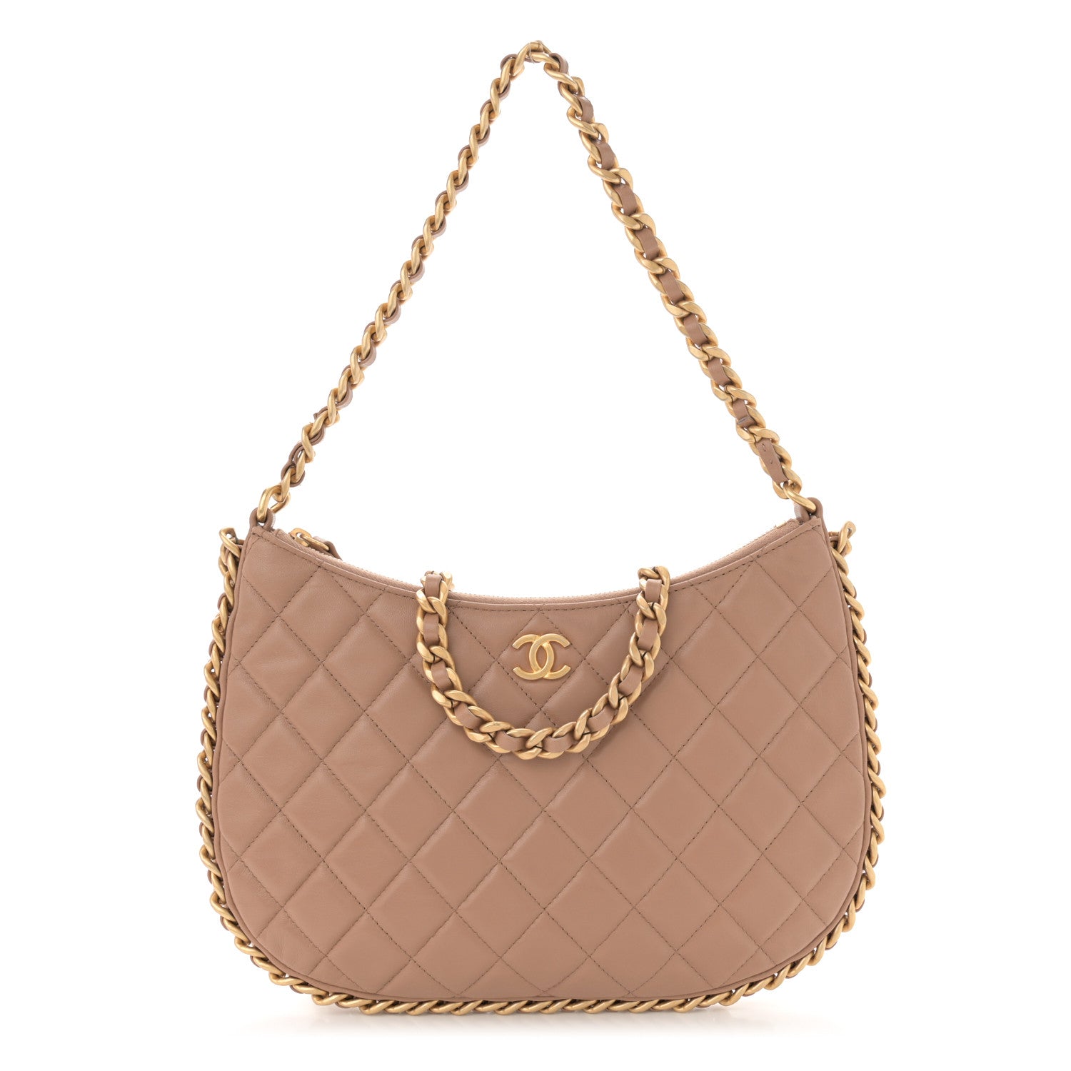 Chanel Shiny Crumpled Lambskin Quilted Large Trendy Chain Around Hobo Dark Beige 1 of 10