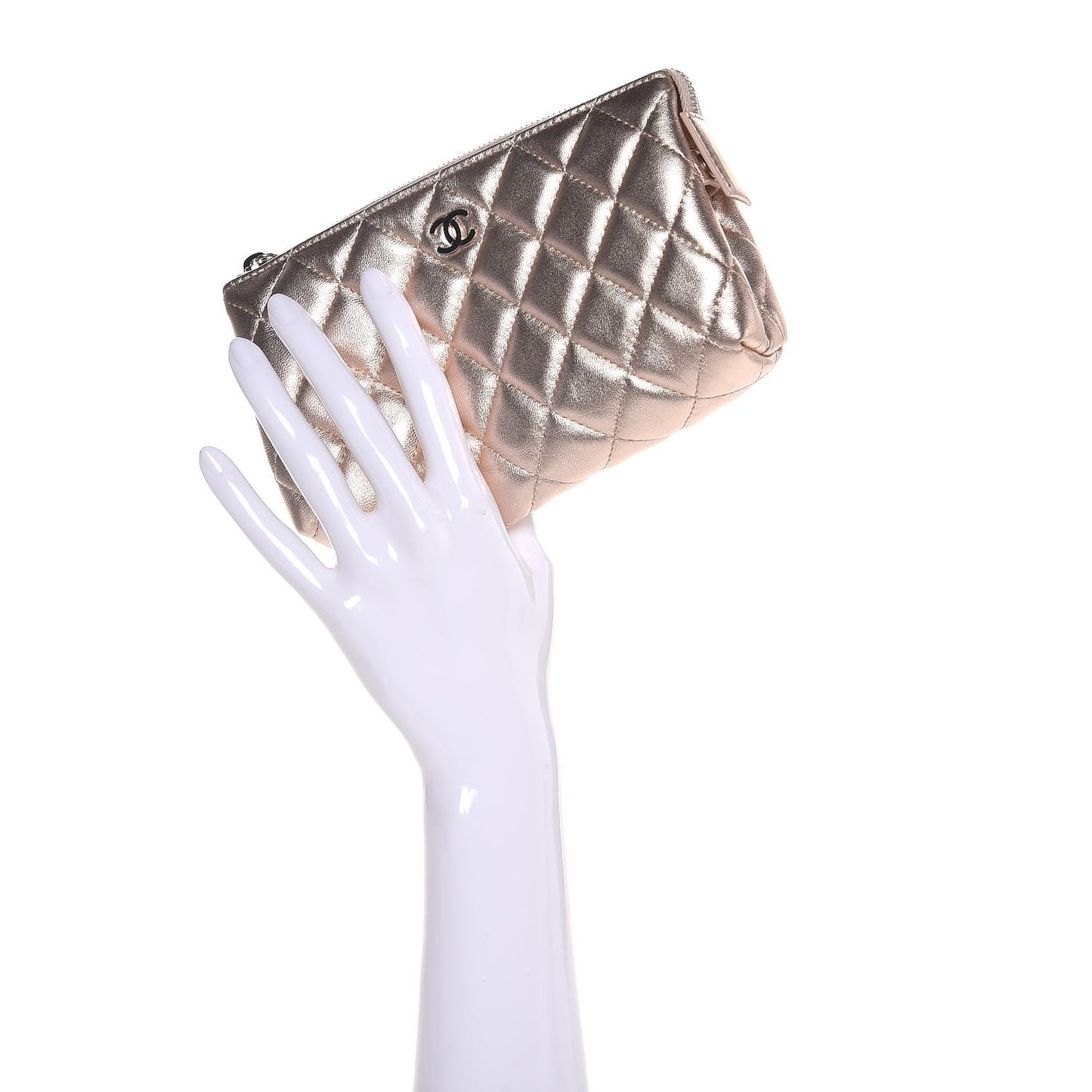 Metallic Lambskin Quilted Cosmetic Pouch Light Gold