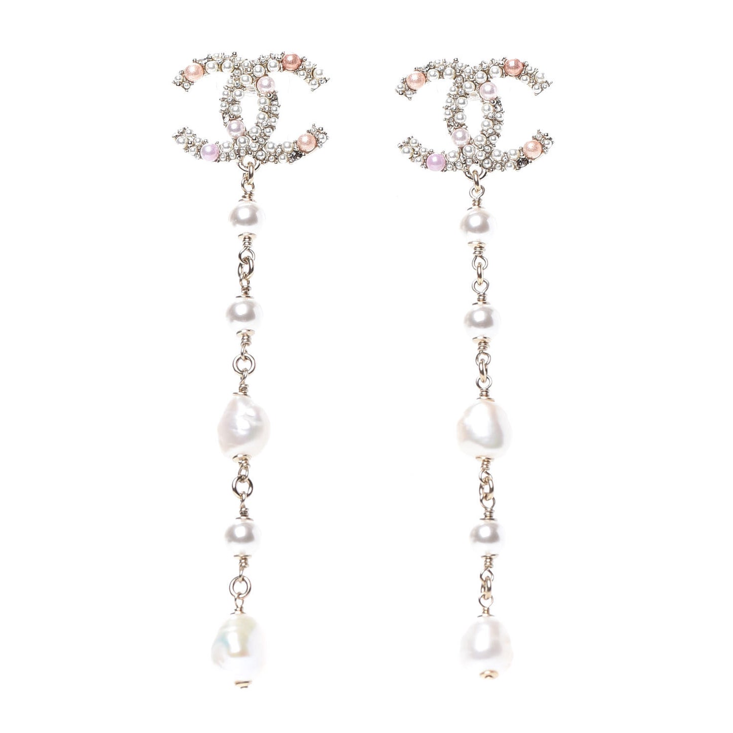Pearl Crystal CC Charms Dangle Earrings Light Gold Pink