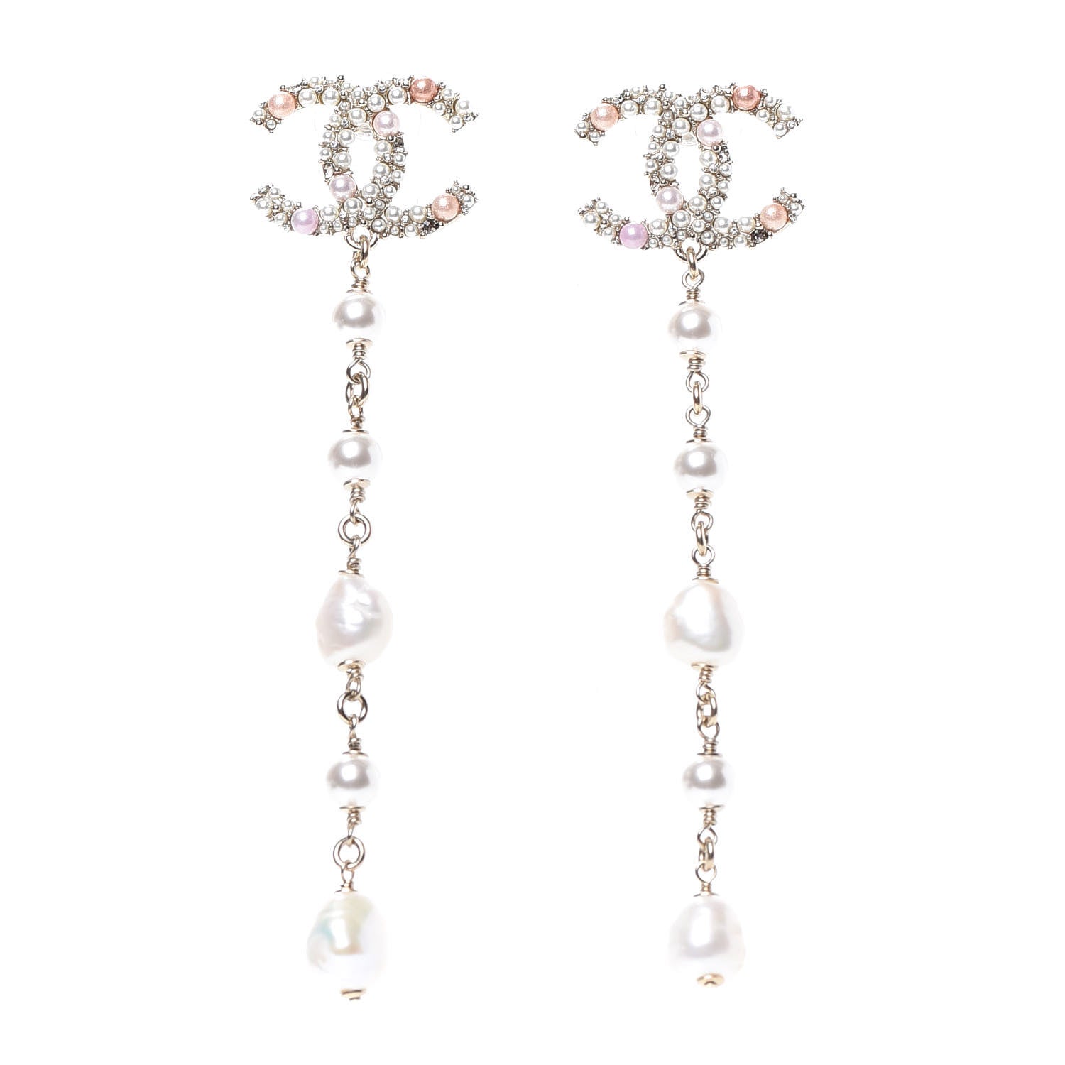 Chanel Pearl Crystal CC Charms Dangle Earrings Light Gold Pink 1 of 4