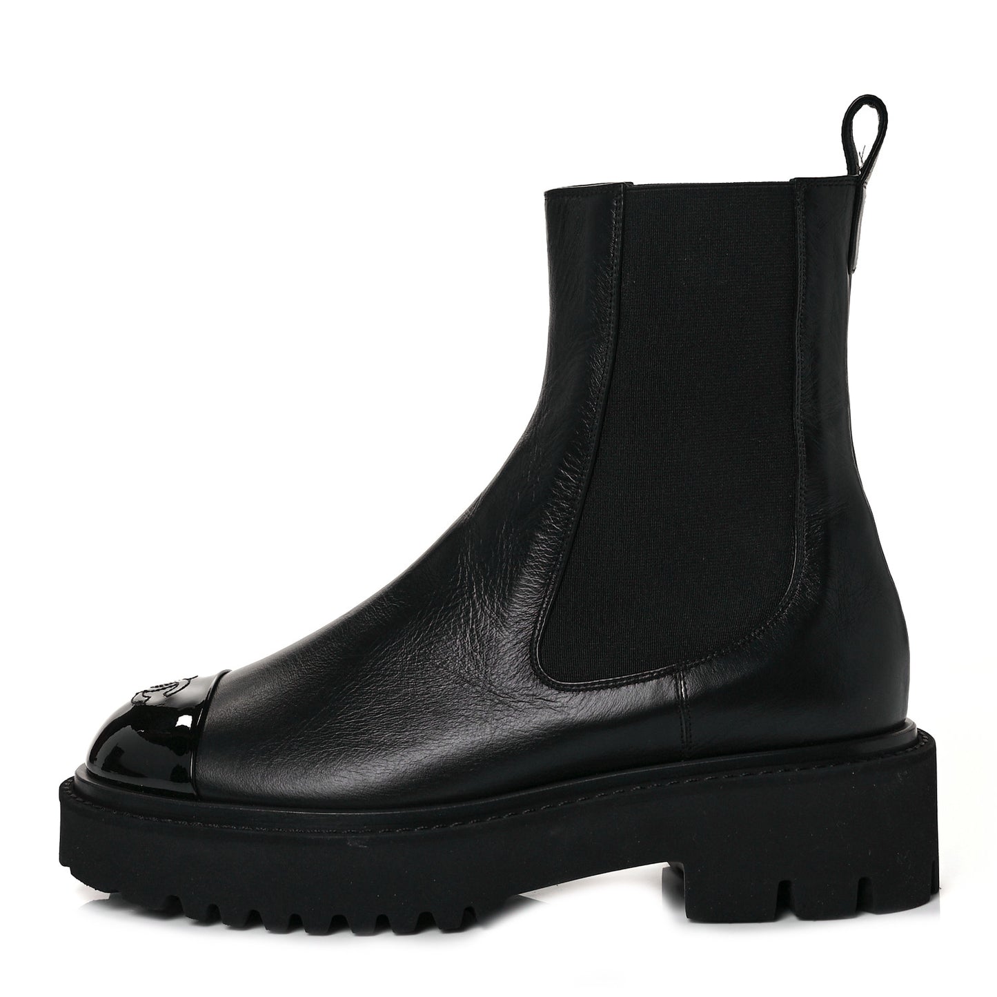 Crumpled Calfskin Patent Cap Toe Short Boots 39.5 Black
