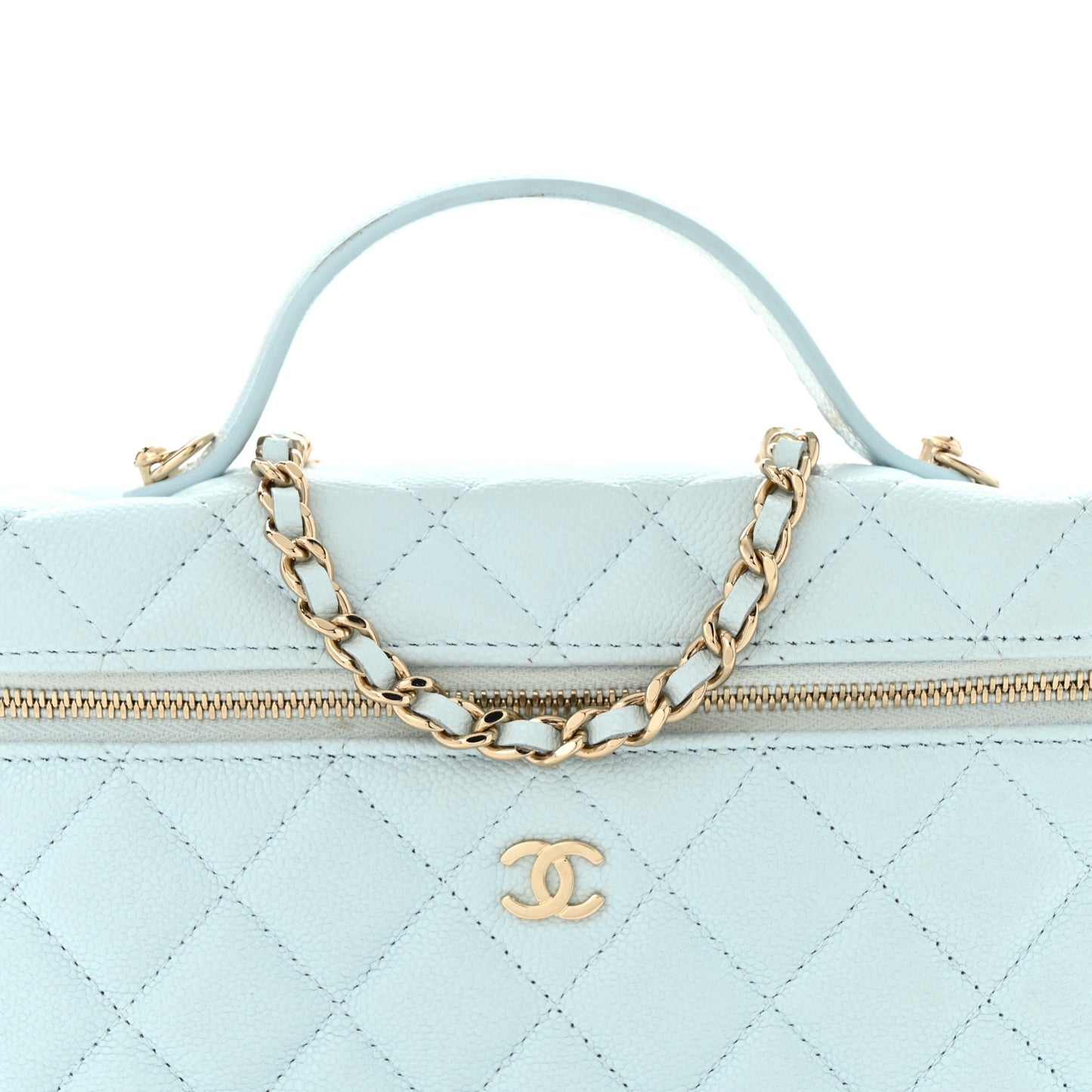 Caviar Quilted Top Handle Slim Vanity With Chain Light Blue