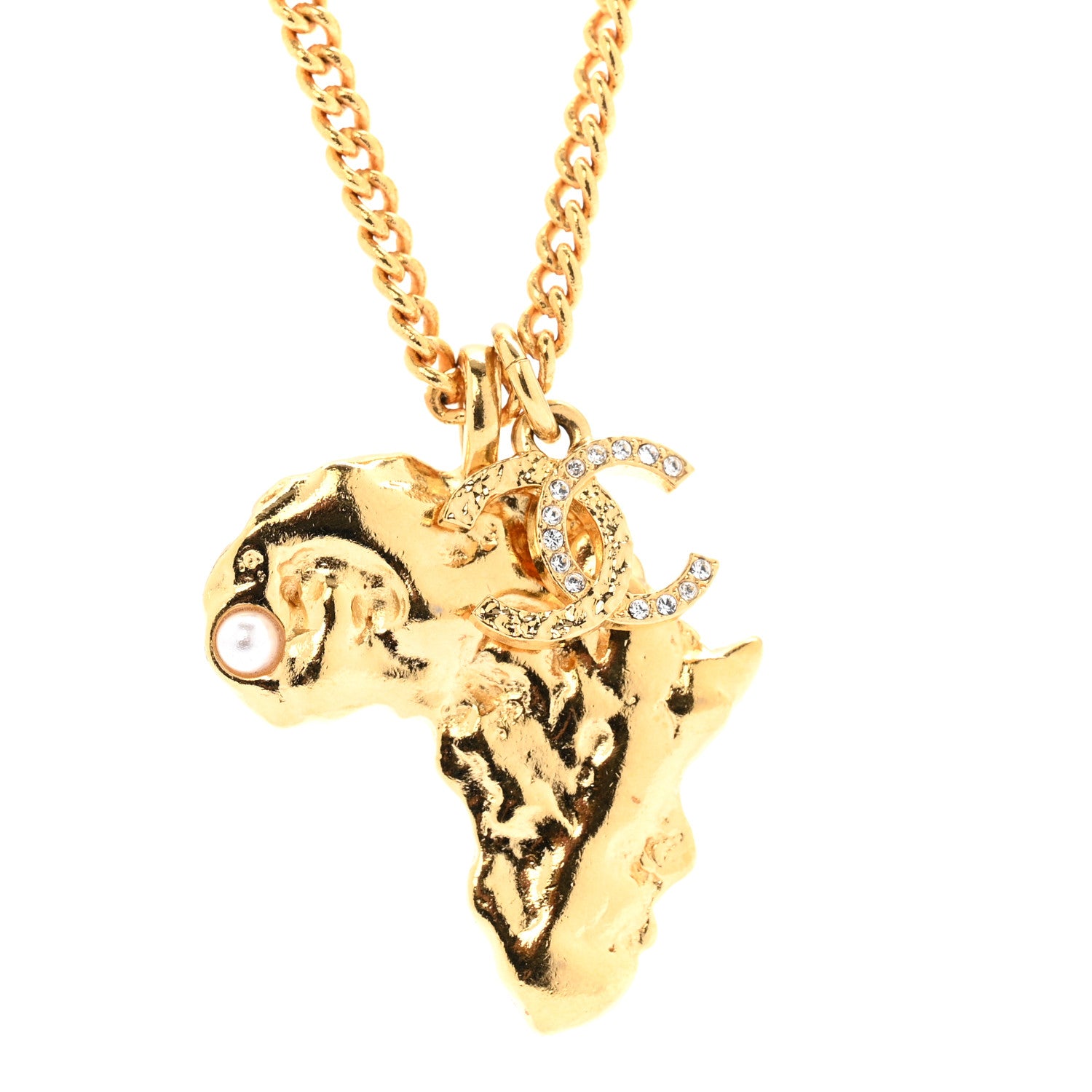 Chanel Crystal Pearl CC Africa Pendant Necklace Gold White 4 of 5