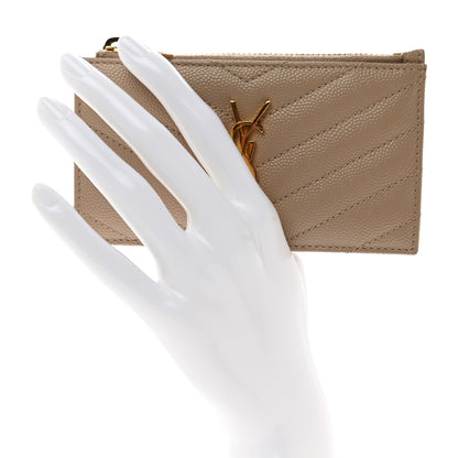 Saint Laurent Monogram Grain de Poudre 5 Fragments Zip Pouch Card Holder Dark Beige 2 of 8