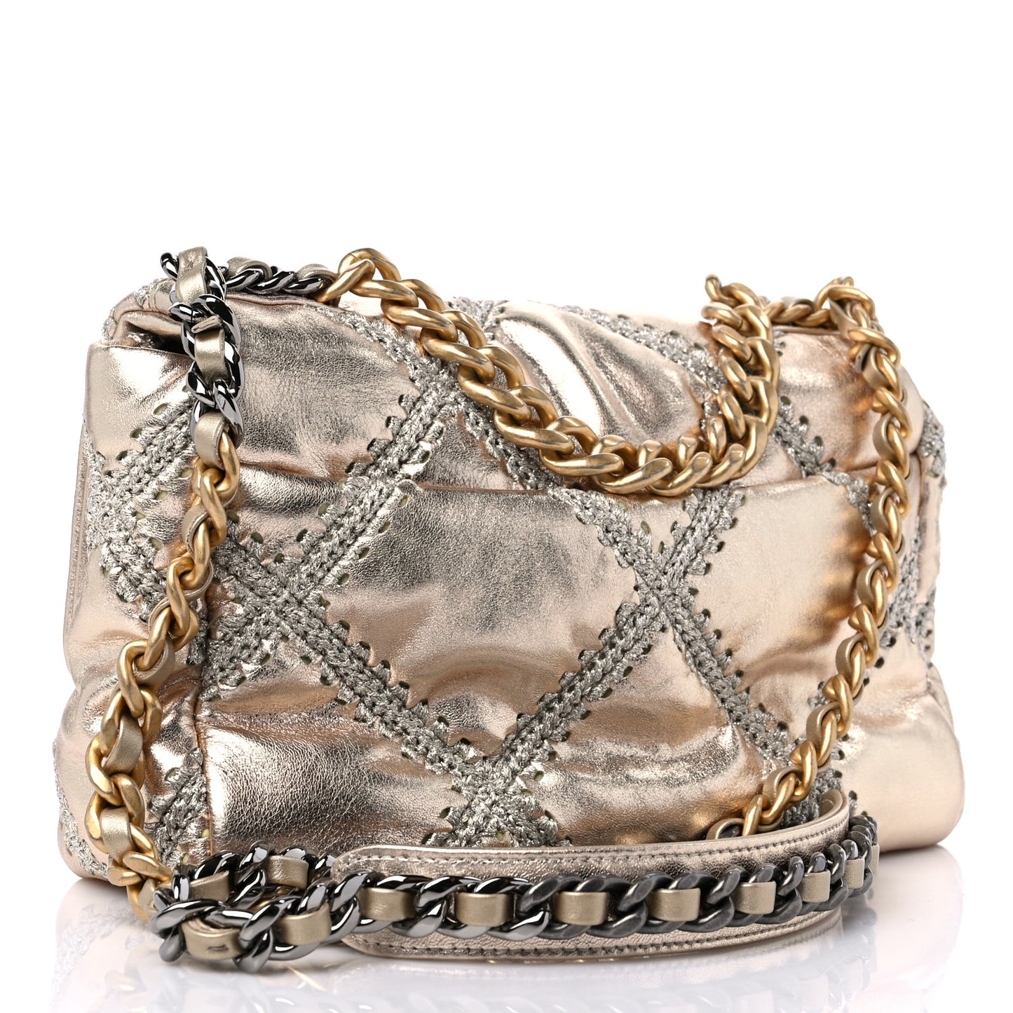 Metallic Calfskin Crochet Medium Chanel 19 Flap Gold