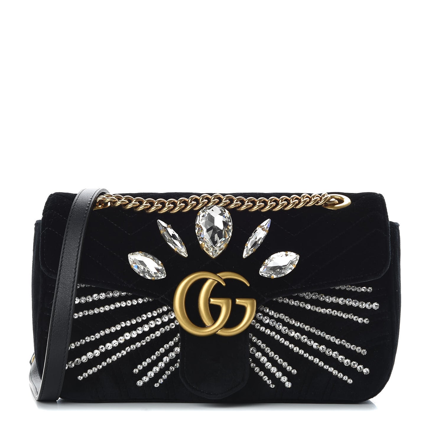 Velvet Matelasse Marquise Crystals Embroidered Small GG Marmont Shoulder Bag Black