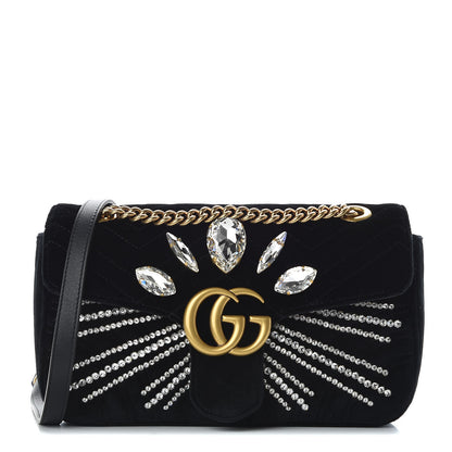 Gucci Velvet Matelasse Marquise Crystals Embroidered Small GG Marmont Shoulder Bag Black 1 of 9