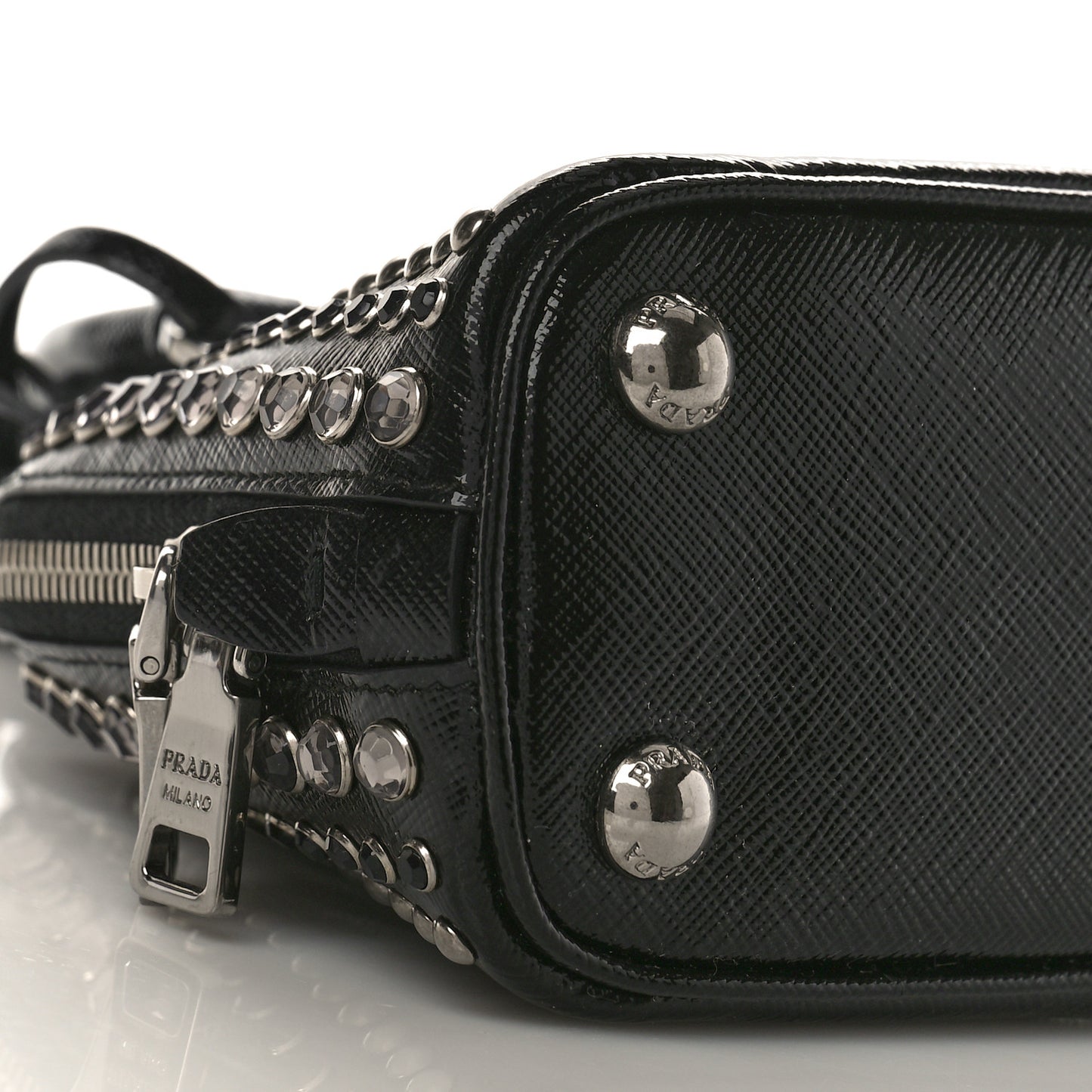Saffiano Vernice Crystal Studded Mini Promenade Tote Black