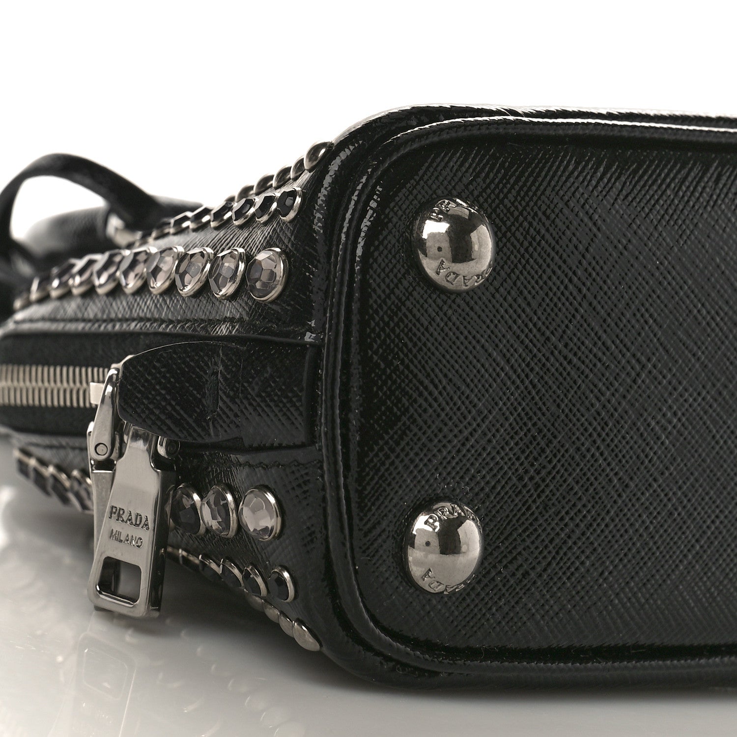 Prada Saffiano Vernice Crystal Studded Mini Promenade Tote Black 7 of 9