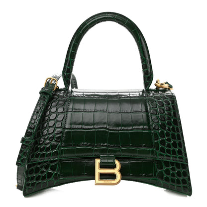 Balenciaga Shiny Calfskin Crocodile Embossed Small Hourglass Top Handle Bag Forest Green 1 of 11