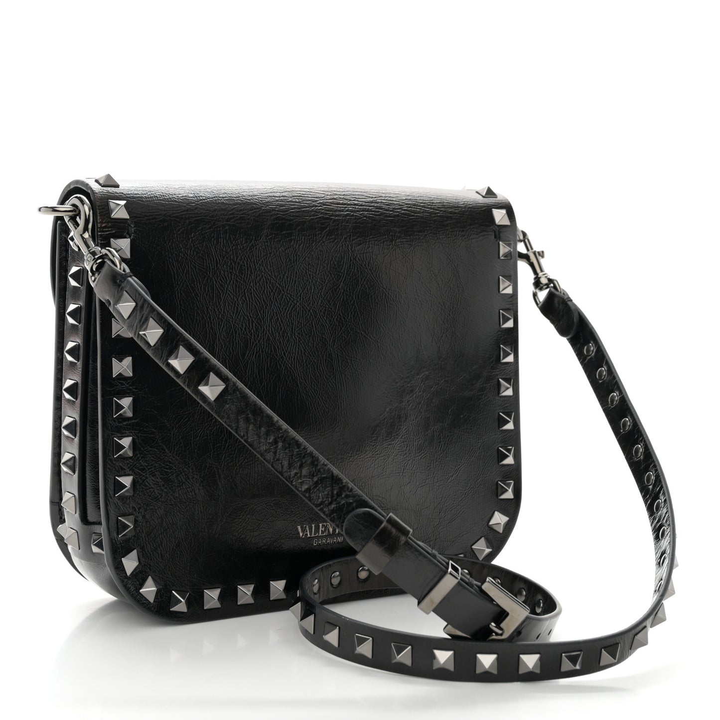 Craquele Calfskin Rockstud Shoulder Flap Messenger Bag Black