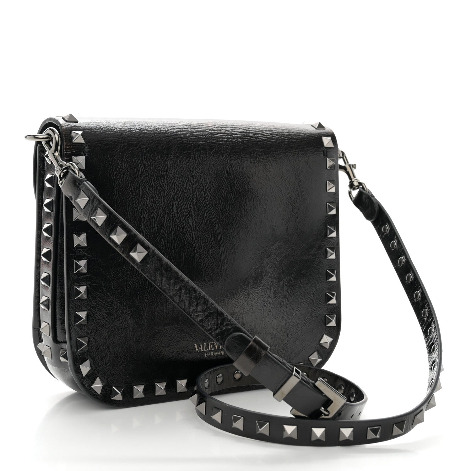 Valentino Garavani Craquele Calfskin Rockstud Shoulder Flap Messenger Bag Black 3 of 11