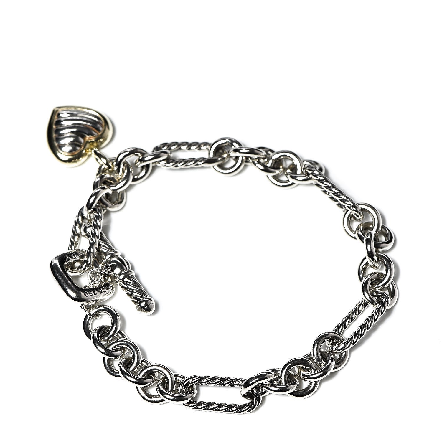 David Yurman Sterling Silver 18K Yellow Gold Cable Heart Charm Bracelet 3 of 5