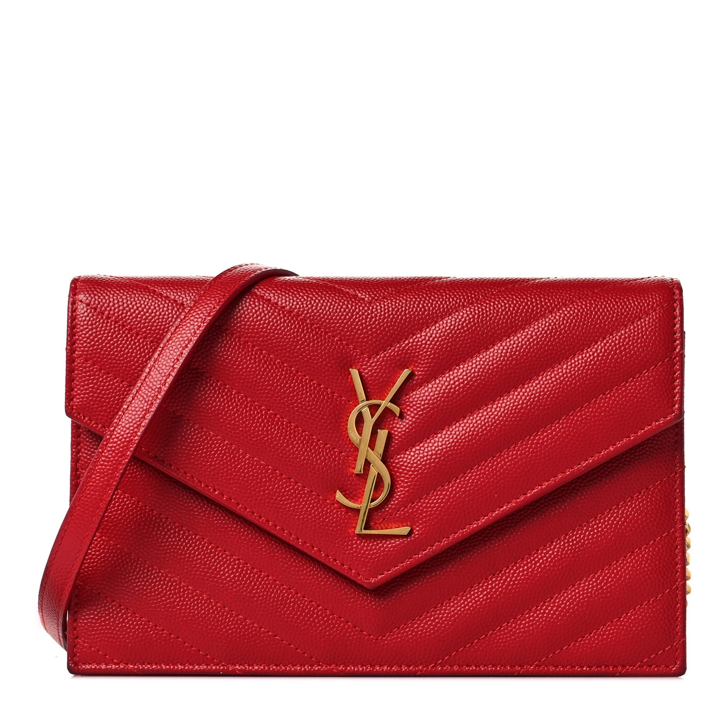 Grain De Poudre Matelasse Chevron Monogram Envelope Chain Wallet New Red
