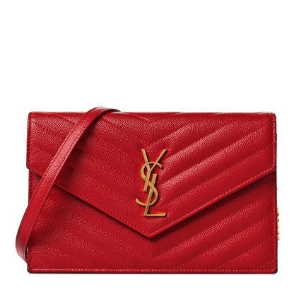 Saint Laurent Grain De Poudre Matelasse Chevron Monogram Envelope Chain Wallet New Red 1 of 8
