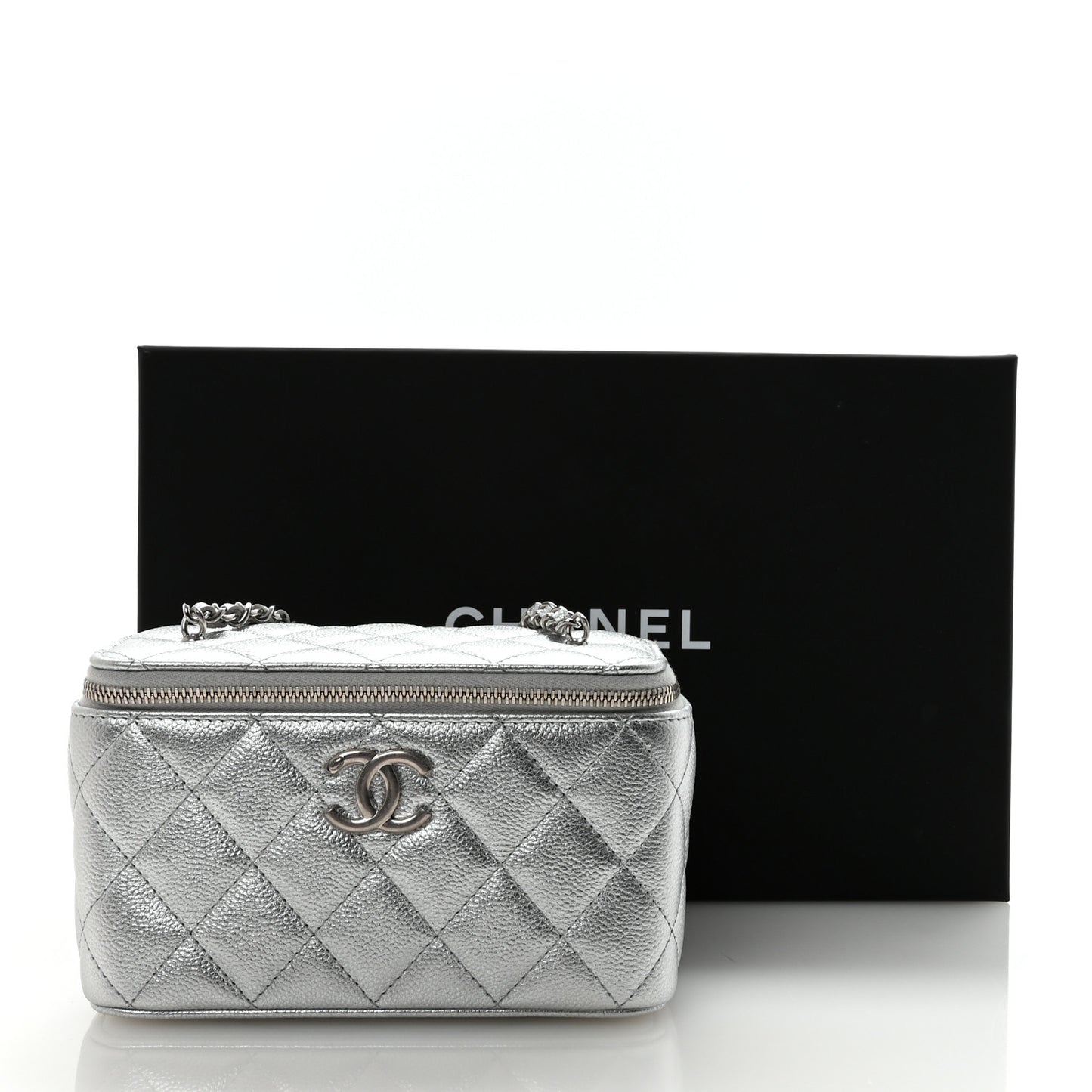 Metallic Caviar Quilted Small Vanity Case With Chain Silver