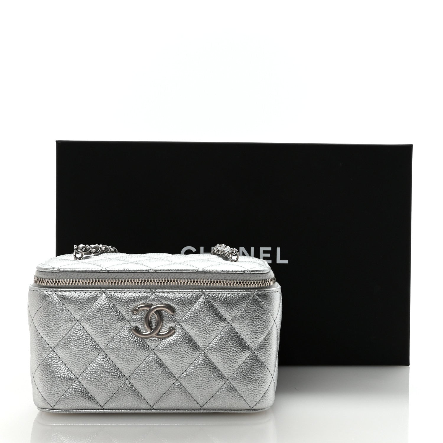 Chanel Metallic Caviar Quilted Small Vanity Case With Chain Silver 11 of 11