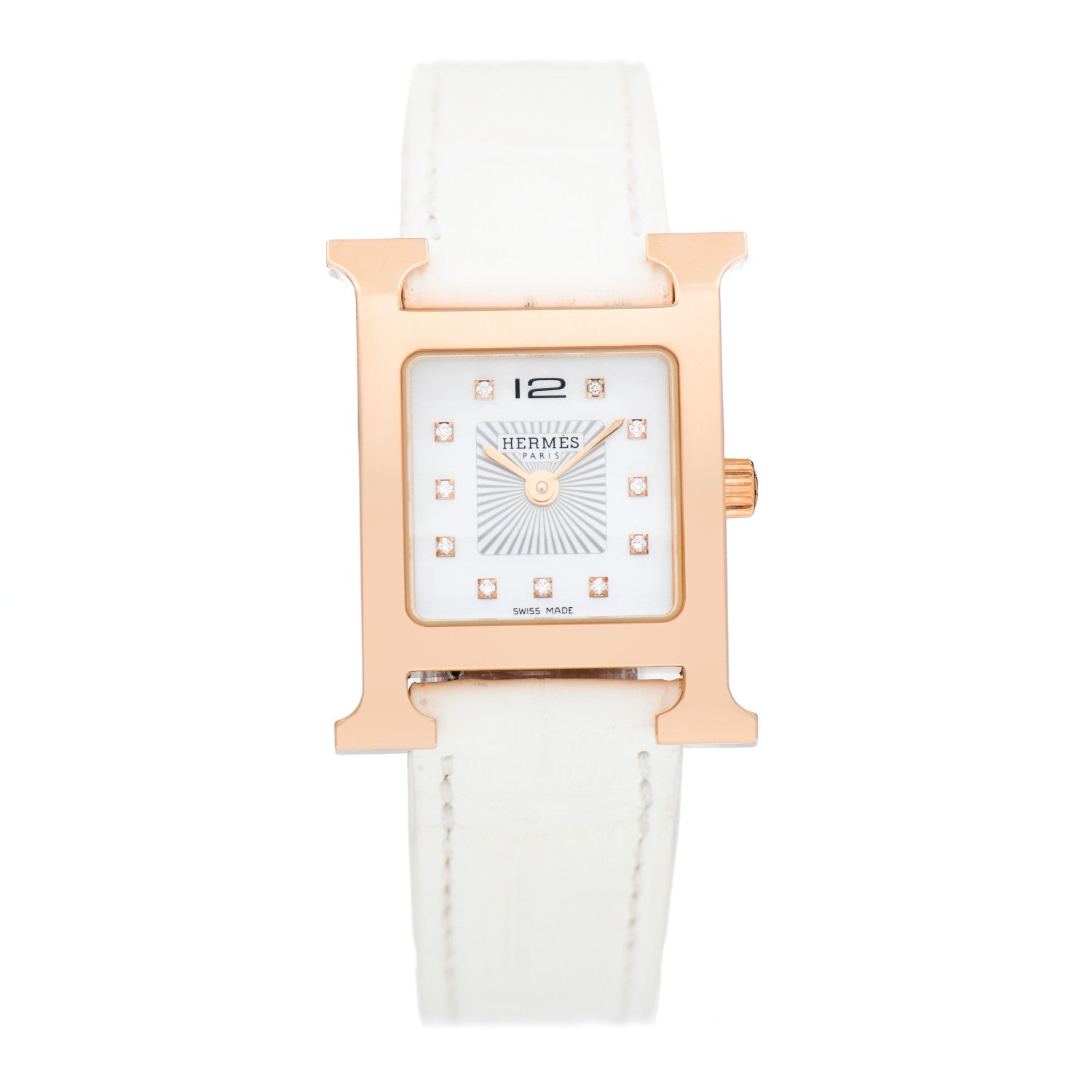 Hermes Stainless Steel Alligator Diamond Mother of Pearl 21mm Heure H Hour Quartz Watch Blanc 1 of 5