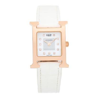 Hermes Stainless Steel Alligator Diamond Mother of Pearl 21mm Heure H Hour Quartz Watch Blanc 1 of 5